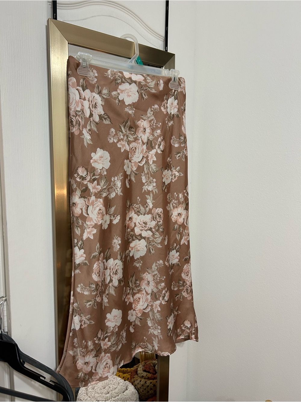 Forgotten Grace - Floral Satin A-Line Midi Skirt in Blush Pink and Cream